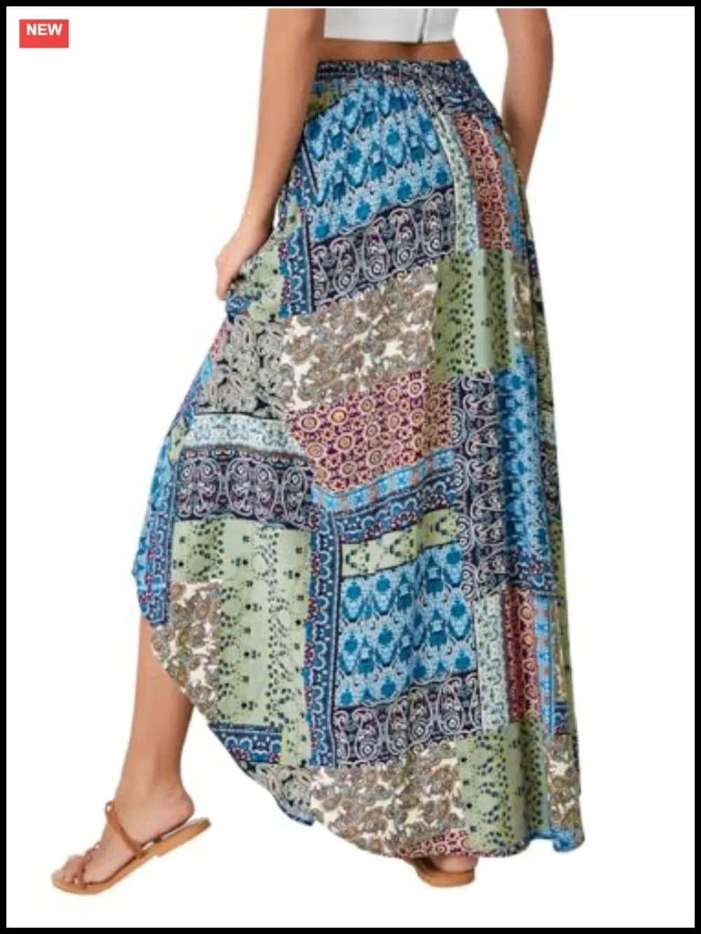 Boho Flowy Maxi Skirt Asymmetric A Line Elastic Waist Summer
